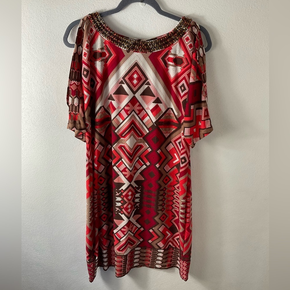Chico’s Split Sleeve Geometric Red Dress Sz 2(L)